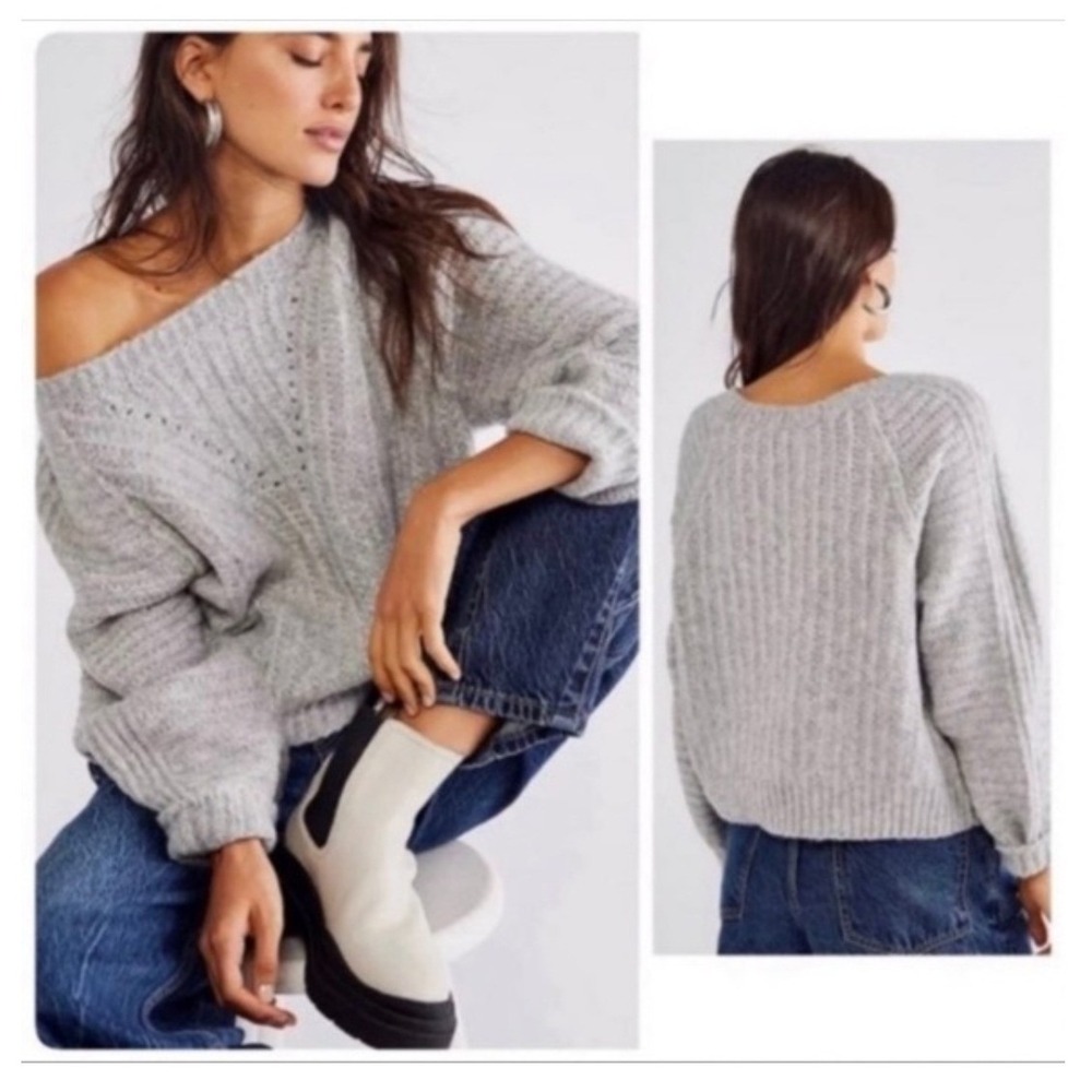 Free People Carter Pullover Sweater Gray Ribbed Knit Oversized XL Cozy Comfy